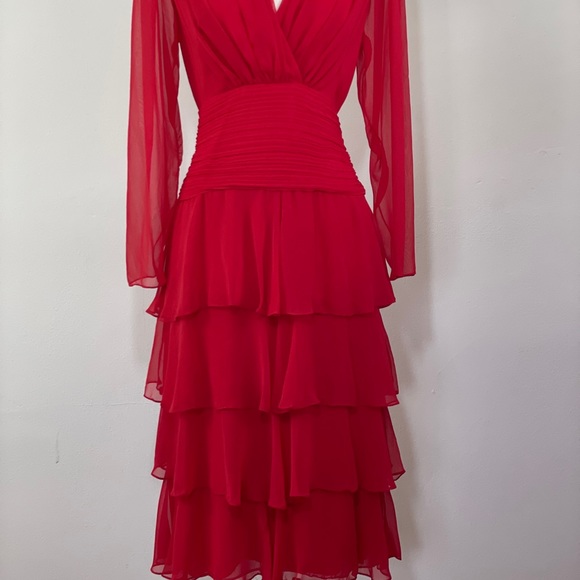 Vintage Miss Elliette Red Organza Ruffle Midi Dress - Picture 3 of 16